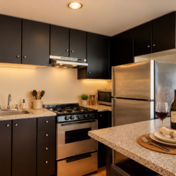 Modern kitchen with black cabinets, stainless appliances, and a granite island set for two with wine, glasses, and candles.