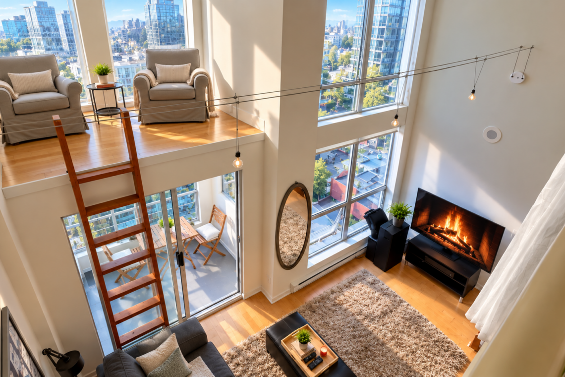 Loft-style living room with a mezzanine seating area, wooden ladder, large windows, and a fireplace below.