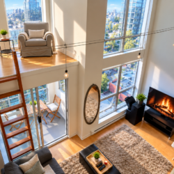 Loft-style living room with a mezzanine seating area, wooden ladder, large windows, and a fireplace below.