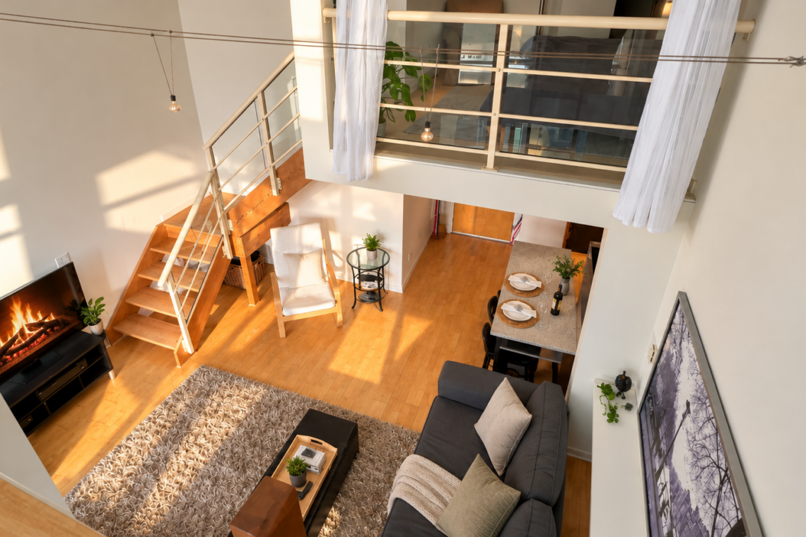 Aerial view of a bright loft-style living room with a fireplace, L-shaped sofa, coffee table, rug, and dining nook beneath a mezzanine balcony.