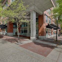 Brick building with large windows along a tree-lined sidewalk; a 7-Eleven sign visible on the corner of the street.
