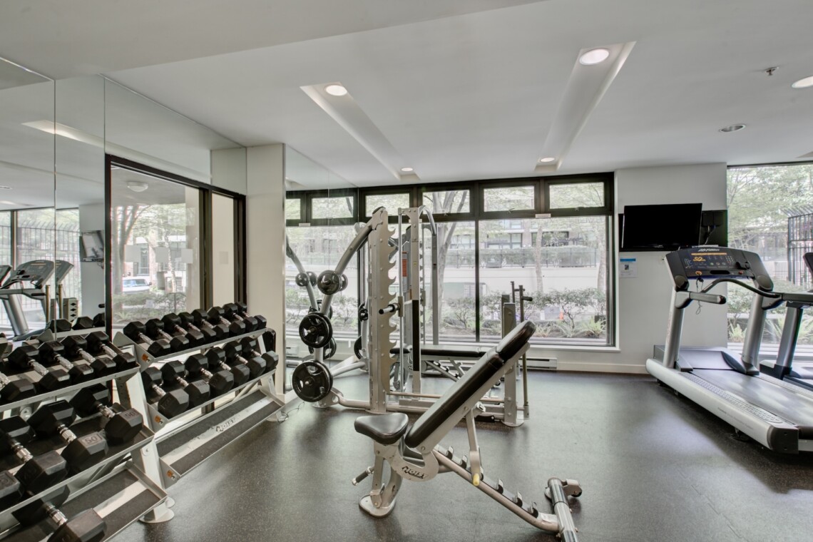 Gym with a dumbbell rack on the left, weight machines in the center, and a treadmill on the right by large windows.