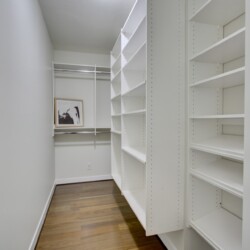 Narrow walk-in closet with white open shelves, a metal clothing rod, and a framed artwork on the back wall.