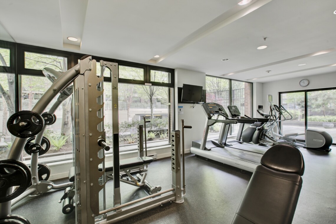 Bright gym with treadmills and weight machines along large windows. Nearby greenery is visible outside.