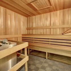 Wood-paneled sauna with two-tier benches and a heater with rocks in the foreground.