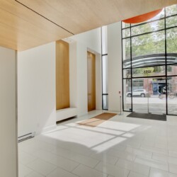 Modern lobby with white walls, light wood ceiling, vertical wood panels, and a large glass entrance.