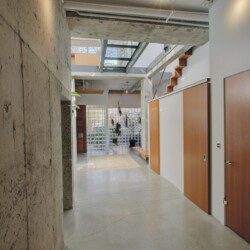 Industrial-style hallway with concrete walls, wooden doors on the right, and a glass ceiling letting in natural light.