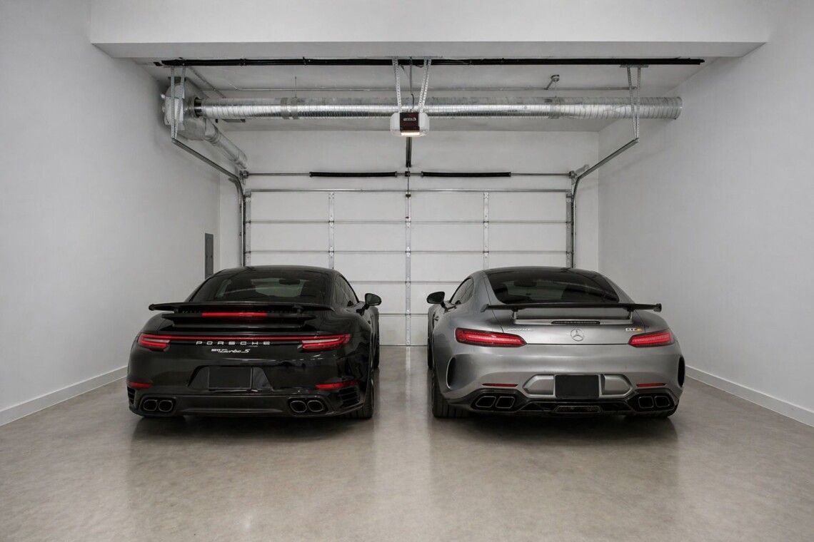 Black Porsche 911 Turbo S and silver Mercedes-AMG GT parked side by side in a clean, empty garage.