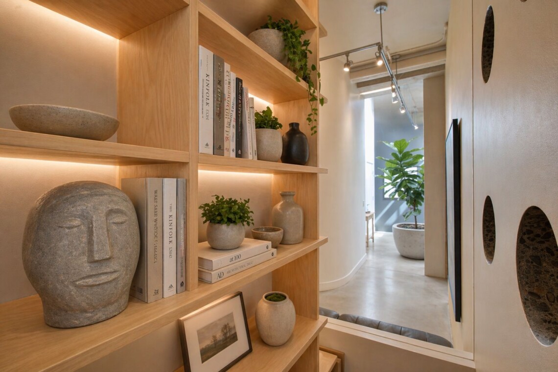 Wooden built‑in shelves with books, ceramic vases, and small plants in a bright modern hallway.