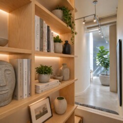 Wooden built‑in shelves with books, ceramic vases, and small plants in a bright modern hallway.