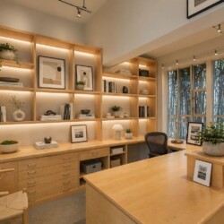 Bright wooden home office with built‑in shelving, warm lighting, books, and potted plants.