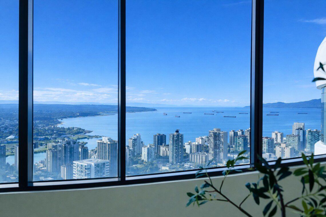 Panoramic view of a coastal city and harbor with high-rise buildings and ships, seen through large glass windows from indoors with plant in the foreground.