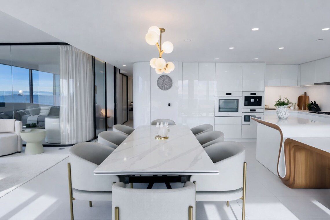 Luxurious open-plan dining and kitchen area with a marble table, curved grey chairs, glossy white cabinets, and a brass chandelier, overlooking a sea view through glass walls.