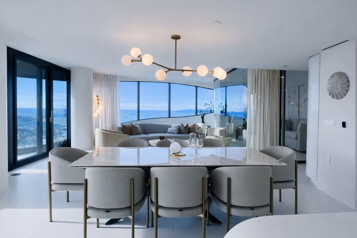 Open-concept dining and living area with a marble table, cream chairs, and a panoramic ocean view through large glass windows.