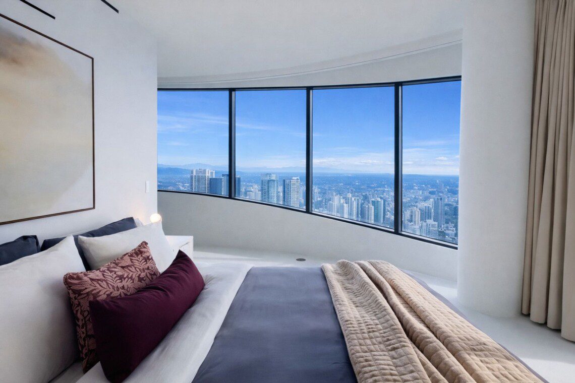 Bed in a minimalist hotel room with burgundy pillows and a beige quilt, facing curved floor-to-ceiling windows overlooking a city skyline.
