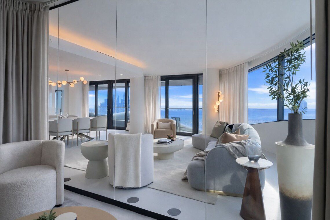 Bright open-concept living room with floor-to-ceiling windows and an ocean view, neutral sofas, round coffee tables, and soft beige decor.