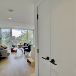View from a hallway into a bright, modern living room with large windows and a balcony overlooking trees and buildings.