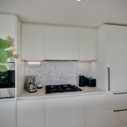 Modern white kitchen with upper cabinets, a hexagonal tile backsplash, and small appliances on the counter (plant in foreground).