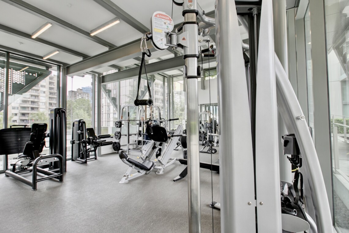 Modern gym interior with silver weight machines and cable stations, large windows overlooking city buildings in the background.