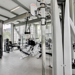 Modern gym interior with silver weight machines and cable stations, large windows overlooking city buildings in the background.