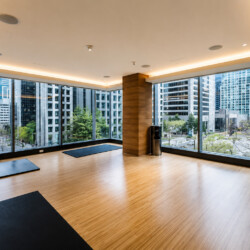 Bright urban fitness studio with large windows, wooden pillar, and yoga mats on a light wood floor overlooking a cityscape.