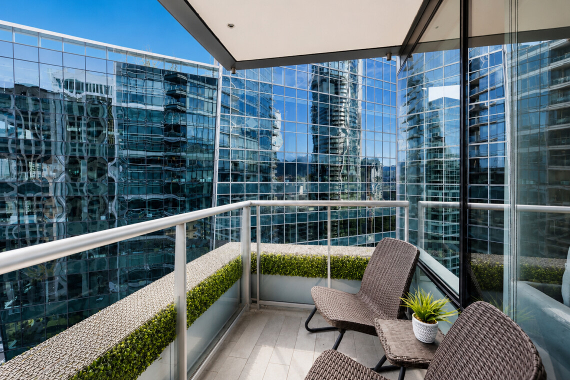 Balcony with brown wicker chairs and a small table plant, overlooking reflective glass skyscrapers.