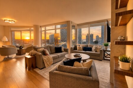 Sunset view from a modern living room with beige sofas, overlooking a city skyline through large windows.