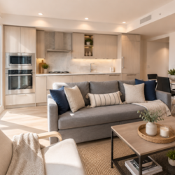 Open-concept living area with a gray sofa, beige chair, coffee table, and a dining area; large windows reveal city skyline on a sunny day.
