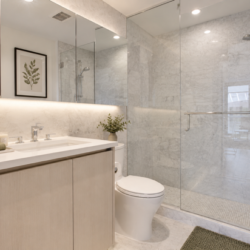 Contemporary bathroom with a double-sink vanity, plants, and a glass-enclosed shower with chrome fixtures.