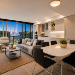 Open-concept living area with a white dining table and black chairs, a gray sofa, and a balcony overlook of a city skyline at dusk