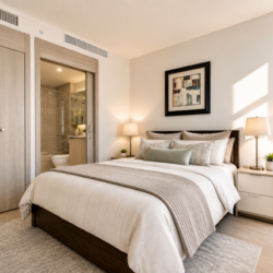 Bright contemporary bedroom with a king bed, two nightstands, lamps, and a city skyscraper view through a large window.