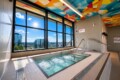 Indoor hot tub by large windows with a city view; colorful geometric ceiling above and stainless handrails nearby.