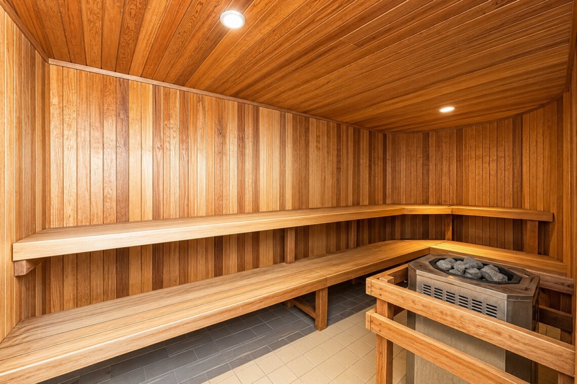 Wood-paneled sauna with long benches along two walls and a heater with rocks in the corner.
