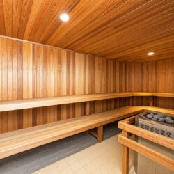 Wood-paneled sauna with long benches along two walls and a heater with rocks in the corner.