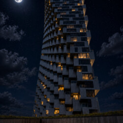 Tall modern apartment tower with staggered balconies, illuminated windows, against a starry night sky and a full moon nearby.
