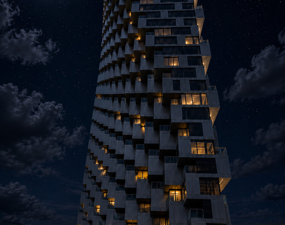 Tall modern apartment tower with staggered balconies, illuminated windows, against a starry night sky and a full moon nearby.