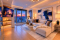 Contemporary living room with a beige sectional, glass coffee table, and bold blue abstract art, overlooking a city skyline at sunset from large windows.
