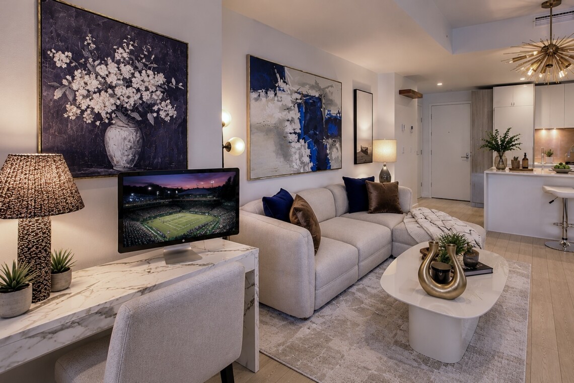 Modern living room with a light gray sectional, abstract wall art, and a marble desk near a monitor; kitchen visible in the background.