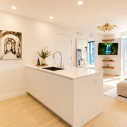 Bright open-plan kitchen and living room with a white island, sink, plants, and a city skyline visible through floor-to-ceiling windows.