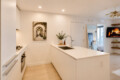 White modern kitchen with an island sink, plant centerpiece, and built-in oven; living area visible through a doorway.