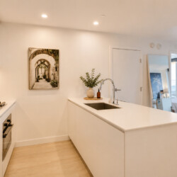 White modern kitchen with an island sink, plant centerpiece, and built-in oven; living area visible through a doorway.