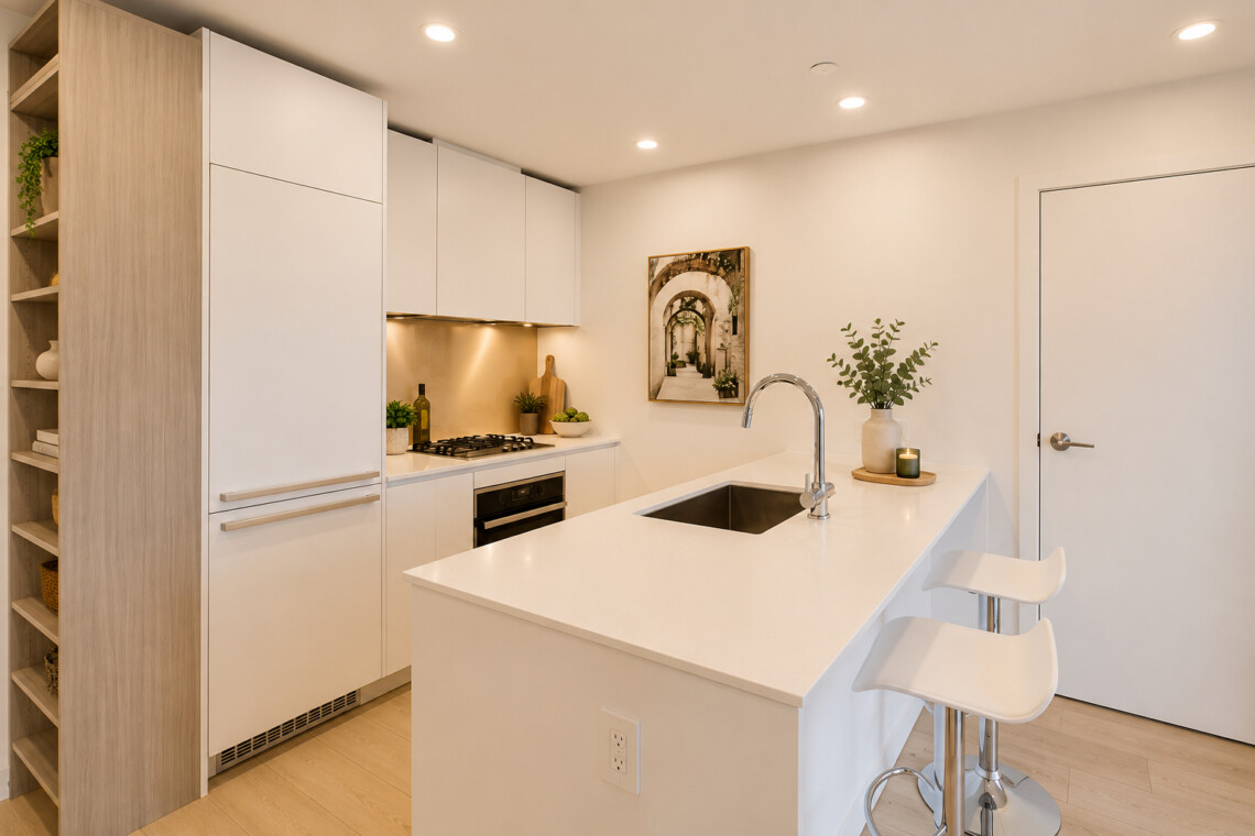 Bright modern kitchen with white cabinets, an island sink, and two white bar stools.