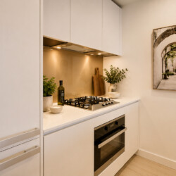 Modern white kitchen with a stainless gas cooktop, built-in oven, and under-cabinet lighting surrounded by green plants on the counter.