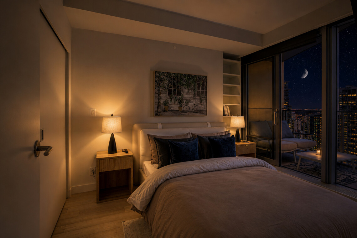 Cozy hotel bedroom at night with a king bed, warm lamps on nightstands, and a balcony showing a city skyline and crescent moon outside.