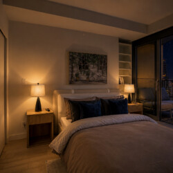 Cozy hotel bedroom at night with a king bed, warm lamps on nightstands, and a balcony showing a city skyline and crescent moon outside.