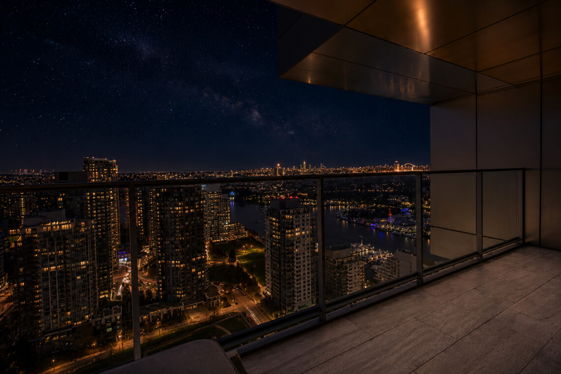 Night skyline viewed from a balcony: lit high-rise buildings, a harbor, and a starry sky.
