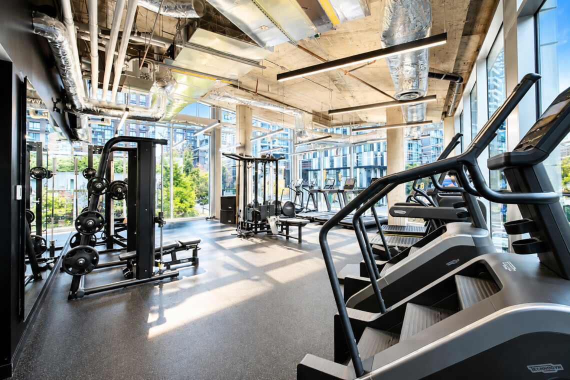 Modern gym interior with treadmills in the foreground, weight machines, exposed ducts, and large windows with a city view.