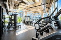 Modern gym interior with treadmills in the foreground, weight machines, exposed ducts, and large windows with a city view.