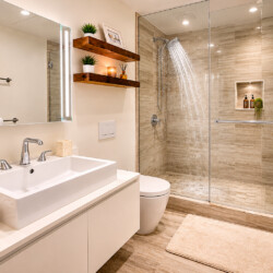 Modern bathroom with a white double sink, large backlit mirror, and glass-enclosed shower. It features wood shelves, plants, and beige tiling.