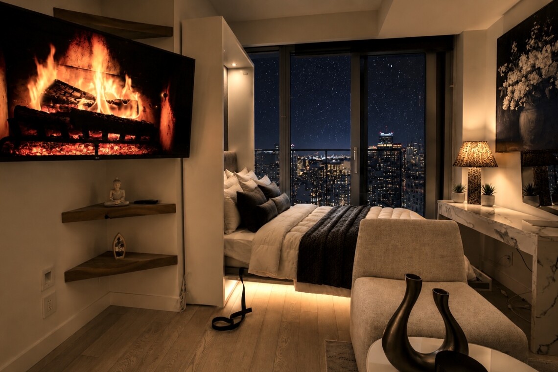 Modern bedroom at night with a lit fireplace displayed on a wall-mounted TV and a bed by a window overlooking a city skyline.